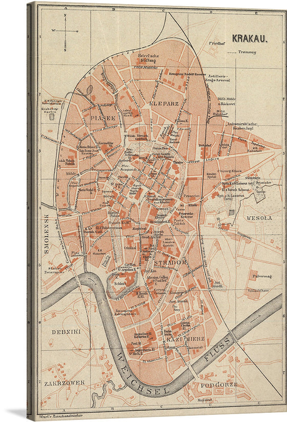 Transform your space into a captivating journey through time with the "Map of Krakow in 1895" as a stunning print. This intricately detailed artwork is not just a map; it's a portal to the past, offering a nostalgic and visually enchanting representation of Krakow's historic cityscape. Hang it on your wall, and immerse yourself in the charm of 19th-century Poland every day. 