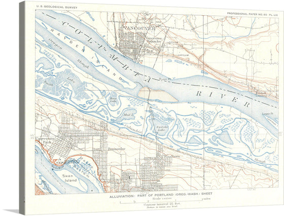 This beautiful and fascinating map Vancouver City was issued for the 1909 U.S. Coast &amp; Geodetic Survey, under the supervision of Henry Gannett. This is a 1909 reissue of the original 1887 survey. It depicts Vancouver City and parts of Portland Oregon and Vancouver Island. Also shown are topographic features, roads, and railroad lines.