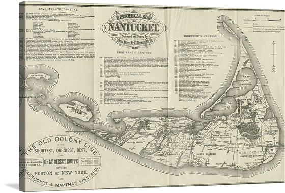 This print is a meticulously detailed historical map of Nantucket, a testament to the island’s rich history and natural beauty. It captures the essence of Nantucket during the seventeenth and eighteenth centuries, with intricate details showcasing various landmarks and geographical features. The monochromatic color scheme adds a vintage aesthetic, making it not just a visual treat but an educational experience.