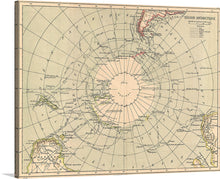  An uncommon color map of the Antarctic region. Published by the Hachette firm, circa 1890. Reflects a relatively primitive state of exploration in the region though a number of exploratory routes mapped out. A key in the upper left quadrant lists the explorers who explored the Antarctic: Cook, Weddell, Dumont-d’Urville, Wilkes, Ross, and Nares. 