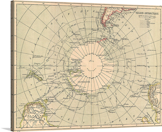 An uncommon color map of the Antarctic region. Published by the Hachette firm, circa 1890. Reflects a relatively primitive state of exploration in the region though a number of exploratory routes mapped out. A key in the upper left quadrant lists the explorers who explored the Antarctic: Cook, Weddell, Dumont-d’Urville, Wilkes, Ross, and Nares. 