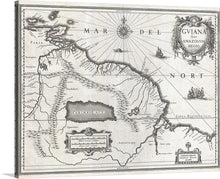  Immerse yourself in the intricate details of this vintage map print, a captivating representation of the Guyana and Amazon region. Every line, curve, and inscription tells a story of exploration and discovery, inviting viewers into a world where every corner holds a new mystery. The meticulous craftsmanship is evident in the beautifully rendered coastlines, mountains, and bodies of water. 