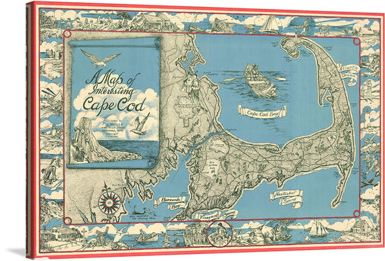 This unusual map of Cape Cod was drawn in 1945 by F. J. Miller. Covers All of Cape Cod as well as parts of the adjacent South Shore including New Bedford, Fairhaven, Plymouth, Buzzard Bay, and Duxbury. Names important towns and roads in addition to offering a wealth of border vignettes showing various aspects of Cape Cod life from fishing to sunbathing, to gathering clams and mussels.