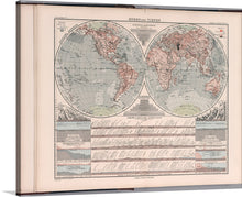  The artwork features detailed contours representing land elevations and gradient tints indicating oceanic depths, providing a comprehensive view of the world’s majestic terrains and oceanic depths. The map includes latitude and longitude lines for precise geographical orientation, and inset maps at the bottom left corner showing detailed views of specific regions. 