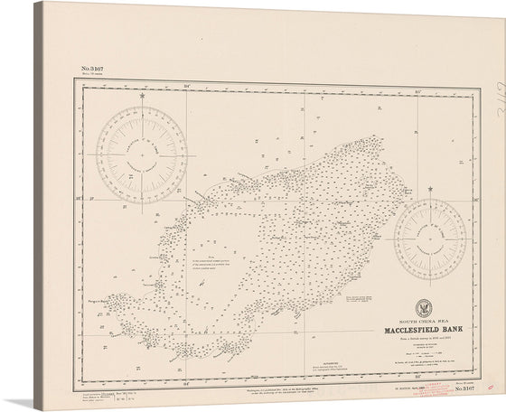 This vintage nautical chart of the Macclesfield Bank is not just a map but an artwork that tells tales of ancient maritime exploration. Every dot marking depths, every line indicating terrains, echoes the adventures of sailors navigating the enigmatic waters of the South China Sea. Adorn your walls with this print that’s not just rich in detail but steeped in history; let it be a conversation starter about man’s unyielding quest to unravel the mysteries of the deep blue sea. 