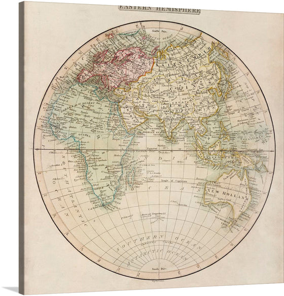 "Eastern Hemisphere" is a beautiful and informative print that showcases the world's Eastern Hemisphere. The print is a high-quality reproduction of a vintage map, and it features all the continents and countries that are located in the Eastern Hemisphere, including Europe, Asia, Africa, and Australia.