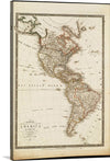 “Karte von America” is a stunning and detailed antique map of North and South America. The map is a reproduction of an original artwork and offers a glimpse into the past, with intricate lines indicating territorial boundaries and detailed illustrations of topographical features such as mountains and rivers. 