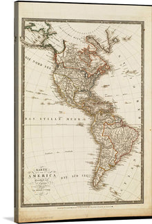  “Karte von America” is a stunning and detailed antique map of North and South America. The map is a reproduction of an original artwork and offers a glimpse into the past, with intricate lines indicating territorial boundaries and detailed illustrations of topographical features such as mountains and rivers. 