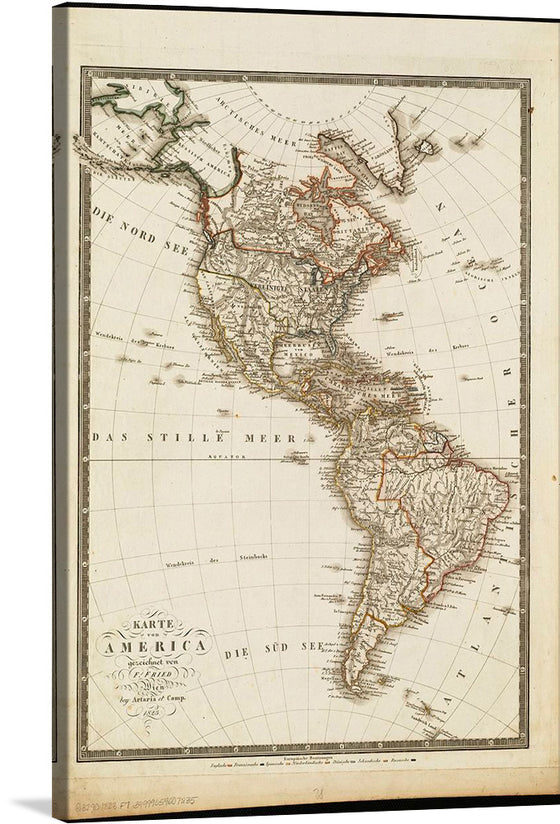 “Karte von America” is a stunning and detailed antique map of North and South America. The map is a reproduction of an original artwork and offers a glimpse into the past, with intricate lines indicating territorial boundaries and detailed illustrations of topographical features such as mountains and rivers. 