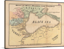  “Seat of War–Russia and Turkey” is a captivating historical map that transports you back to a pivotal moment in time. The intricate lines and muted colors detail the geopolitical landscape around the Black Sea, where Russia and Turkey intersect. The Black Sea takes center stage, surrounded by labeled territories and cities. Crimea, Bulgaria, and Walachia are etched into the canvas, each with its own story.