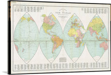  Embark on a journey through time and space with this exquisite vintage world map print. The artwork showcases the Earth in a unique multi-faceted projection, inviting viewers to explore the intricate details of continents, oceans, and borders as they appeared in a bygone era. Each segment of the map unfolds like petals, revealing a world that is both familiar and steeped in historical charm.