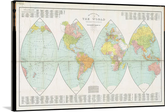 Embark on a journey through time and space with this exquisite vintage world map print. The artwork showcases the Earth in a unique multi-faceted projection, inviting viewers to explore the intricate details of continents, oceans, and borders as they appeared in a bygone era. Each segment of the map unfolds like petals, revealing a world that is both familiar and steeped in historical charm.