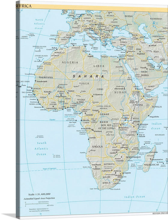 Immerse yourself in the intricate details of this exquisite map print of Africa. Every country, city, and geographical feature is meticulously labeled, offering a comprehensive view of the continent’s diverse landscapes and cultures. The soft color palette blends beautifully with any décor, making it a perfect piece for collectors and travel enthusiasts alike.