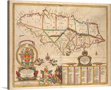  This exquisite print of an antique map of Jamaica is a journey through time and an exploration of heritage. Every line, color, and emblem on the map tells a story of a time long past, yet ever-present in the island’s vibrant culture. The meticulously crafted coat of arms and elegant compass rose transport viewers to an era where every inch of land was a new discovery. 
