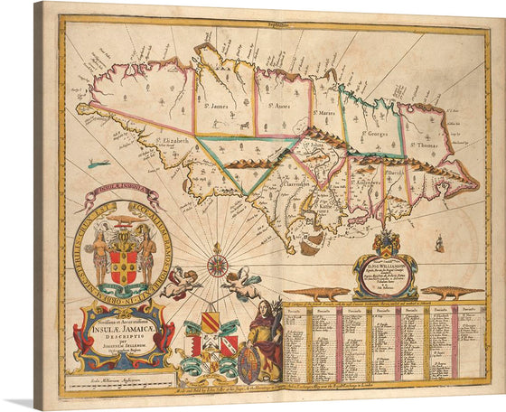 This exquisite print of an antique map of Jamaica is a journey through time and an exploration of heritage. Every line, color, and emblem on the map tells a story of a time long past, yet ever-present in the island’s vibrant culture. The meticulously crafted coat of arms and elegant compass rose transport viewers to an era where every inch of land was a new discovery. 