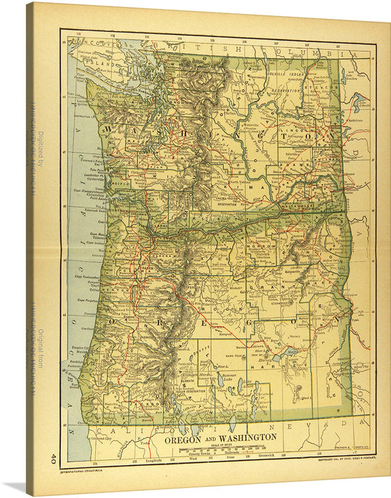 This vintage map print of Oregon and Washington is a celebration of the rich history and geographical diversity that these states offer. Every line, contour, and color is meticulously reproduced, making it not just a piece of art, but a conversation starter and an educational tool. 