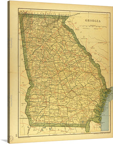  Immerse yourself in the intricate details of this vintage map of Georgia, a masterpiece that captures the essence of a bygone era. Each city and town, road and river is meticulously illustrated, offering not just a geographical representation but an artistic journey through time. The warm hues and detailed cartography make this artwork a conversation starter, an exquisite piece that combines history, artistry, and nostalgia.