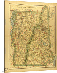  Step back in time with this captivating print of a vintage map showcasing the beautiful states of Vermont and New Hampshire. Every line, curve, and color on this map is a nod to the past, offering not just a piece of art but a slice of history. The muted tones and detailed cartography invite viewers to explore these states as they were seen in days gone by.