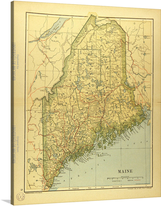 Immerse yourself in the intricate details of this vintage map of Maine, a print that not only serves as a piece of art but also a slice of history. Each line, curve, and color is reproduced with stunning clarity, inviting viewers to explore the Pine Tree State from the comfort of their own home. 