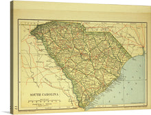  This vintage map print of South Carolina is a masterpiece that captures the essence of a bygone era. Every town, city, and natural landmark is meticulously plotted, offering a comprehensive view of the state’s geography as it once was. The warm hues and intricate linework make this piece not just a map but an artwork that tells stories of places and journeys from yesteryears. 