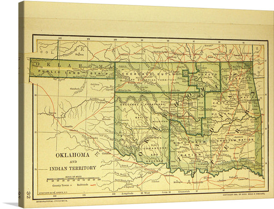 This print is a captivating reproduction of an intricate and detailed map of Oklahoma and Indian Territory, immersing you in the rich history of the United States. Every line, text, and color is meticulously reproduced, offering a glimpse into the past. The map showcases the complex geography and political divisions of the time, transforming it from a mere piece of art into a conversation starter. 