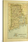 This vintage map print of Rhode Island is a masterpiece that captures the essence of history and exploration. Each line, each marking, tells a story of lands discovered and journeys taken. The muted tones and intricate detailing make it not just a piece of art but a conversation starter, an intriguing blend of aesthetics and education. The map is marked with various towns and cities, roads and boundaries are clearly outlined, and bodies of water like rivers and oceans are marked in blue. 