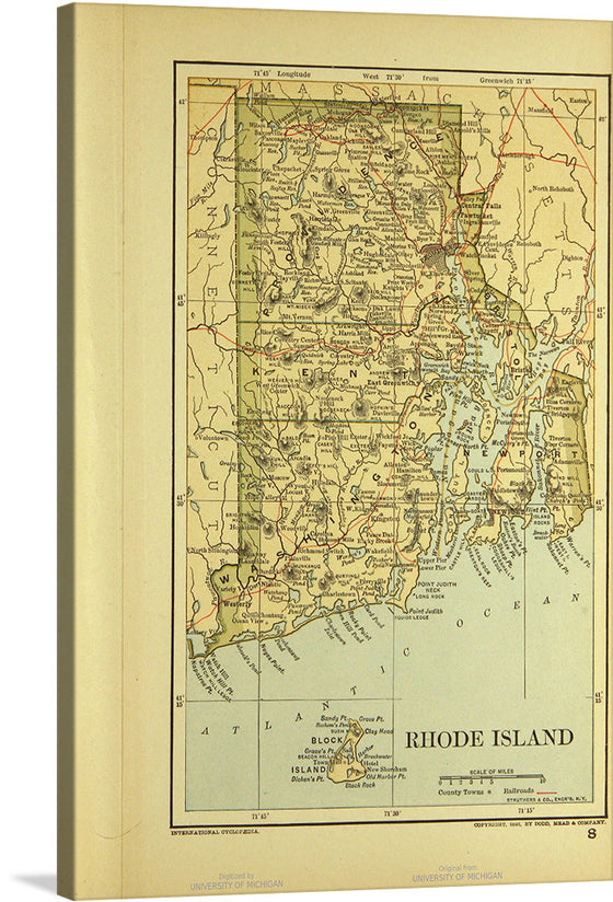 This vintage map print of Rhode Island is a masterpiece that captures the essence of history and exploration. Each line, each marking, tells a story of lands discovered and journeys taken. The muted tones and intricate detailing make it not just a piece of art but a conversation starter, an intriguing blend of aesthetics and education. The map is marked with various towns and cities, roads and boundaries are clearly outlined, and bodies of water like rivers and oceans are marked in blue. 