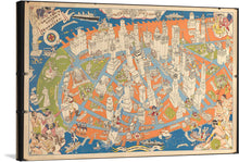  “Downtown District of Manhattan” is a vibrant and whimsical print that brings the iconic New York City skyline to life. Rendered in a playful style, the city’s famous skyscrapers and landmarks are depicted in a lively palette of orange and blue. 
