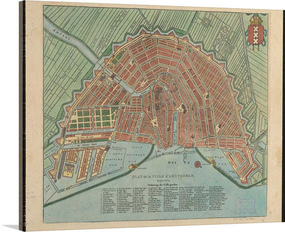 “Plan de la ville d’Amsterdam”. This artwork is a meticulously crafted map that captures the intricate details of Amsterdam’s iconic cityscape. The map is colored with different shades to distinguish land masses, water bodies, and city blocks. It includes intricate details of the city’s streets and canals arranged in concentric patterns. 