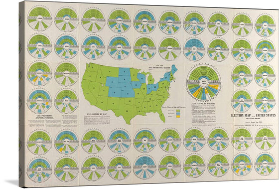 Experience the pulse of democracy with this vibrant print of the “Election Map of the United States with 49 Novel Diagrams”. This retro-styled map, adorned in a soothing palette of green and blue, offers a unique visual representation of election results. Each state is colored according to the winning party, providing a clear and engaging depiction of the nation’s political landscape. 