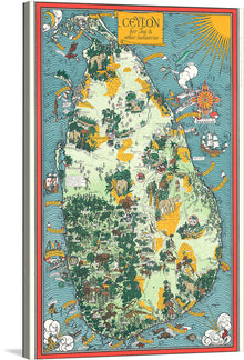  “Ceylon, her tea and other industries” by MacDonald Gill is a beautiful and vibrant print that showcases the island of Ceylon and its many industries. The print features a colorful and detailed map of the island, with illustrations of elephants, palm trees, and other symbols of Ceylon. 