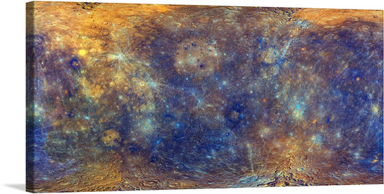 This stunning print of an Enhanced Color Mercury Map is a must-have for any fan of astronomy, space exploration, or art. The map shows Mercury's surface in a variety of colors, which represent different chemical and mineralogical compositions.