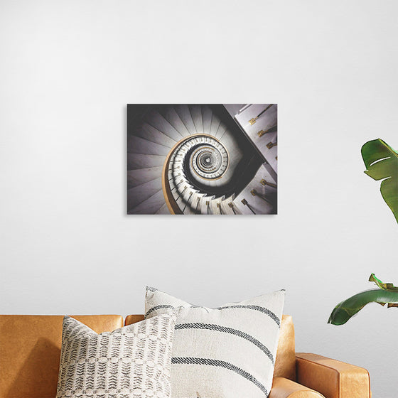 "Impressive View Down a Stairwell With Spiral Marble Stairs"