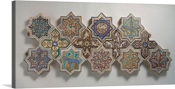 Step into a world of intricate beauty with this stunning print. It features a collection of tiles, each one a masterpiece of design in its own right. The tiles, in hues of blue, green, red, and gold, are adorned with floral and geometric patterns that captivate the eye. 