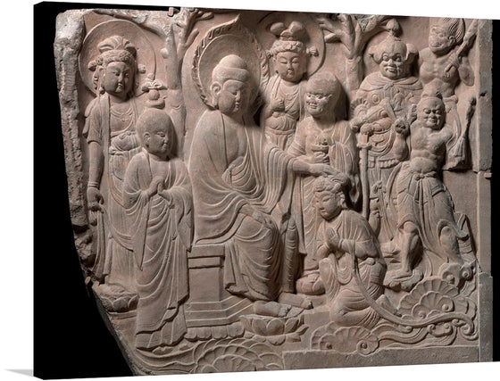 The intricate details and depth of the carving are sure to captivate and inspire. The figures are in traditional clothing and appear to be in a religious or spiritual setting. 