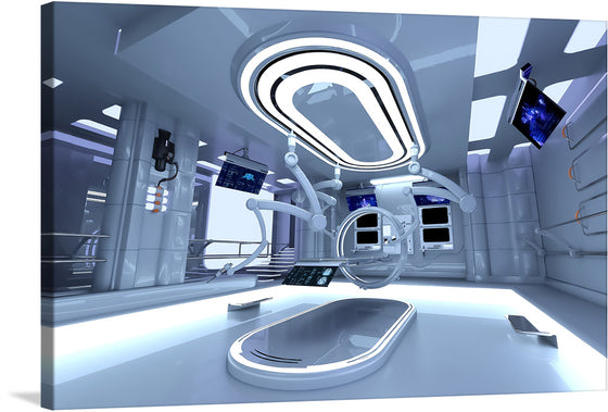 “Science Fiction Surgery Room” invites you to a realm where medicine transcends the ordinary. This mesmerizing print captures a futuristic operating theater—a symphony of sleek design and cutting-edge technology. The room bathes in a serene yet powerful glow, illuminating robotic arms poised for precision. Neon screens display vital data, while the surgical light hovers like a celestial guide.