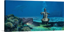  Dive into the serene depths of the ocean with this mesmerizing artwork, now available as a premium print. Witness an enigmatic underwater scene where a stone statue plays the cello amidst a tranquil sea floor, surrounded by vibrant coral reefs and an ancient, algae-covered piano. A pair of graceful sharks glide through the crystal-clear waters, adding a touch of wild elegance to this mystical marine tableau. 