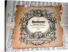  “Beethoven Sheet Music” is a beautiful print of a vintage sheet music cover. The cover features an ornate design with musical instruments and a portrait of Beethoven. 