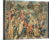 Late-medieval tapestries often use a limited yet contrasting color palette to portray stylized images. The expressions of these figures, for example, are conveyed more by their postures than by their faces. Four shepherds and shepherdesses join hands and dance to the music of a bagpiper at the far right, while a lord and two ladies on the left look on. 