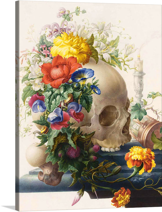 This captivating print, titled “Eternal Melodies”, is a profound exploration of life and death. The central motif, a human skull, is adorned with a vibrant cascade of meticulously detailed flowers, breathing life into the inanimate. The marigold’s golden hues, roses’ romantic reds, and violets’ serene blues create a visual symphony that speaks to the soul. 