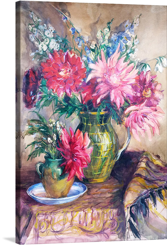 Adorn your space with the elegance and vibrancy encapsulated in this exquisite print. The artwork captures a mesmerizing arrangement of flowers, boasting lush dahlias in radiant hues of red and pink, complemented by delicate white blossoms. Every petal, leaf, and stem is rendered with meticulous detail, evoking a sense of life and movement. 