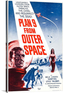  This exclusive print of “Plan 9 From Outer Space” is a must-have for any lover of classic cinema. The artwork encapsulates the eerie and mysterious allure of vintage science fiction, with every detail, from the ominous red backdrop to the haunting figures, being a testament to a bygone era of cinematic artistry. 