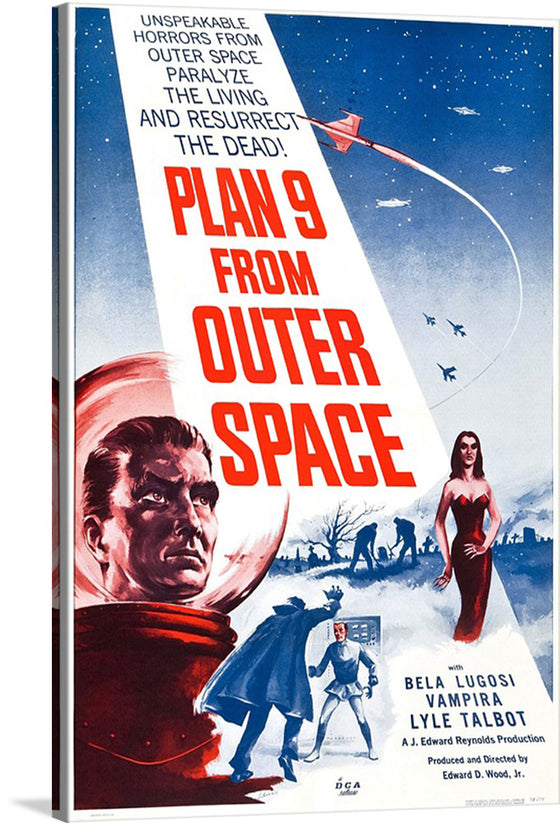 This exclusive print of “Plan 9 From Outer Space” is a must-have for any lover of classic cinema. The artwork encapsulates the eerie and mysterious allure of vintage science fiction, with every detail, from the ominous red backdrop to the haunting figures, being a testament to a bygone era of cinematic artistry. 