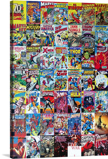  Dive into the nostalgic world of superheroes with this exclusive print, a collage of iconic Marvel comic book covers! Each piece is a vibrant journey back in time, showcasing legendary characters like Spider-Man, Iron Man, and the X-Men in their most memorable adventures. Every cover is a piece of art, rich in detail and bursting with color - a true testament to the golden age of comics. 