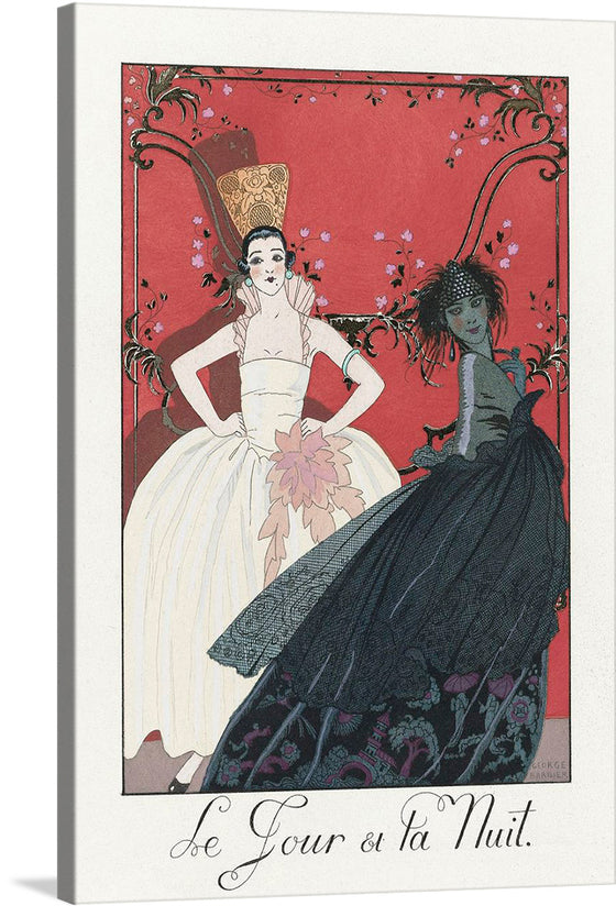 “Le Jour et la Nuit (1922)” by George Barbier is a stunning artwork that captures the eternal ballet of Day and Night, personified in elegant figures adorned in sumptuous attire. The figure on the left, representing day, is dressed in a white gown with a golden headpiece; she stands against a red background adorned with blooming flowers. 