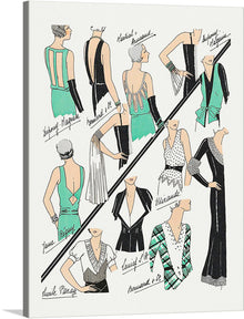  Step into a world of elegance and sophistication with this exquisite print, showcasing a collection of vintage fashion designs. Each figure is meticulously illustrated, capturing the essence of style and grace inherent in every stitch and seam. The artwork is adorned with handwritten notes, adding an authentic touch that transports you back to an era where artistry and craftsmanship reigned supreme. 
