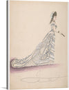 This print showcases a woman in a long white dress adorned with blue floral details, exuding an aura of elegance and grace. The intricately designed dress, complete with a long train and a large hat, captures the essence of classic beauty.