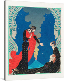  Immerse yourself in the enchanting world of “Empedocles and Panthea” by George Barbier. This print captures a dreamlike scene featuring three figures, one standing, one kneeling, and one laying on the ground, adorned in elaborate clothing with intricate details. 