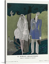 “The Melancholy Marriage, Modes et Manieres de Torquate” is a fashion plate created by Charles Martin in 1921. The artwork depicts a melancholic bride and groom in a garden, with the background consisting of a floral pattern. The print was published in the French fashion magazine “Gazette du Bon Ton” and is a great example of the Art Deco style.