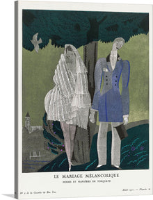  “The Melancholy Marriage, Modes et Manieres de Torquate” is a fashion plate created by Charles Martin in 1921. The artwork depicts a melancholic bride and groom in a garden, with the background consisting of a floral pattern. The print was published in the French fashion magazine “Gazette du Bon Ton” and is a great example of the Art Deco style.